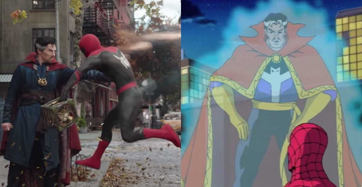 Left: Doctor Strange using magic on Peter Parker / Right: animated Doctor Strange using magic