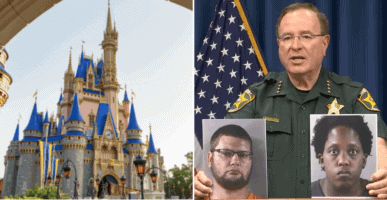 Cinderella Castle (L) Polk County Sheriff holding offender images