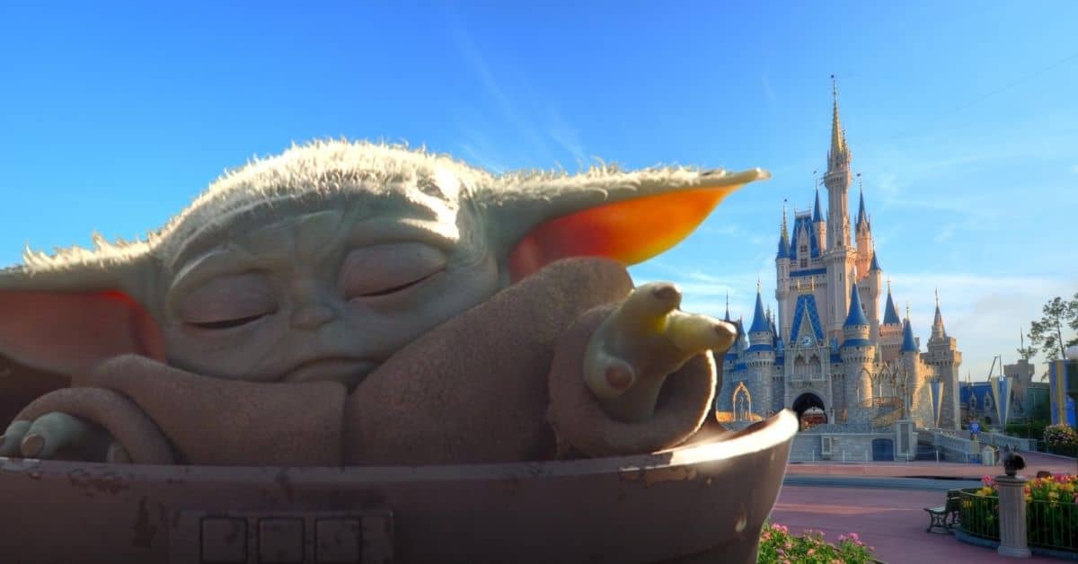 grogu in front of cinderella castle