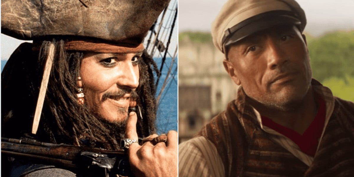 johnny depp as jack sparrow (left) and the rock as frank wolff (right)