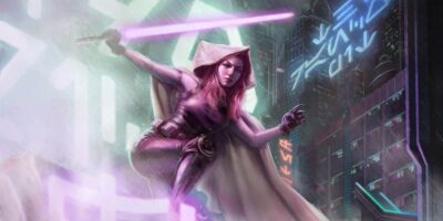Mara Jade in a cloak with purple lightsaber