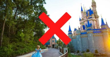 Cinderella running towards Cinderella Castle with a red 'X' in the foreground