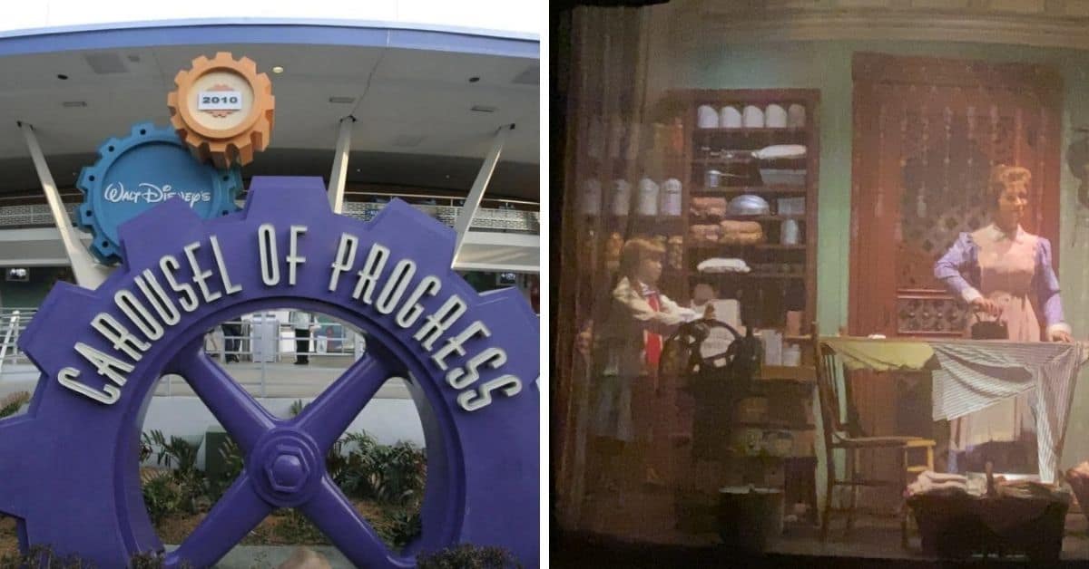 carousel of progress sign (left) carousel of progress animatronics (right)