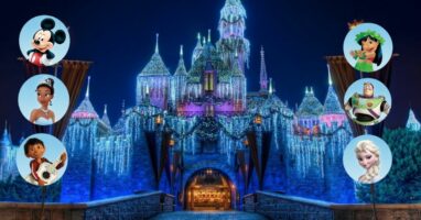 disneyland castle with christmas lights (background) six disney characters (foreground)