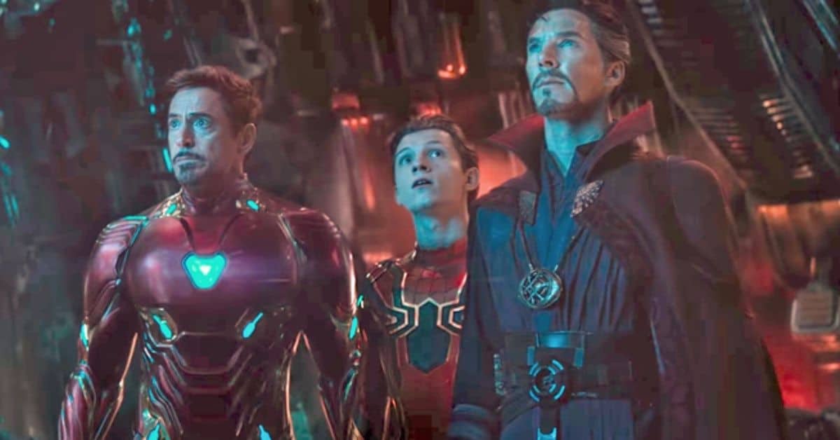 Robert Downey Jr as Iron Man, Tom Holland as Spider-Man, and Benedict Cumberbatch as Doctor Strange in "Avengers: Infinity War" (2018)