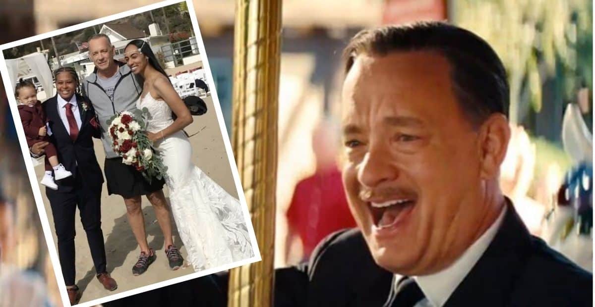 Tom Hanks in Saving Mr Banks (background) with real-life Tom Hanks and newly married couple (foreground)