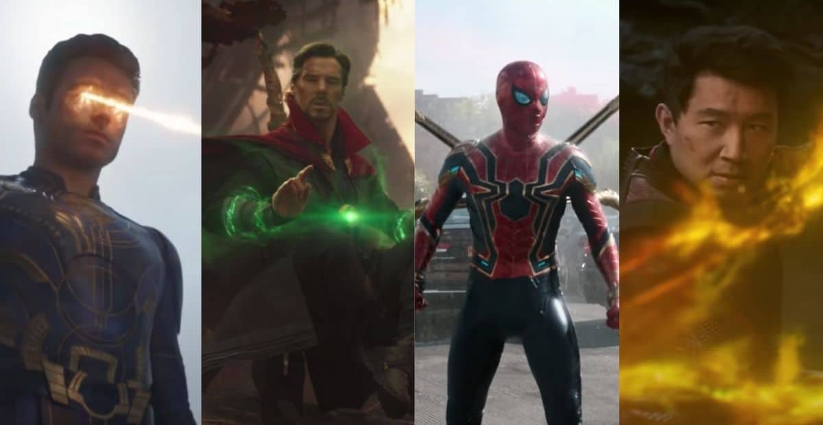 L-R: Richard Madden as Ikaris, Benedict Cumberbatch as Doctor Strange, Tom Holland as Spider-Man, Simu Liu as Shang-Chi