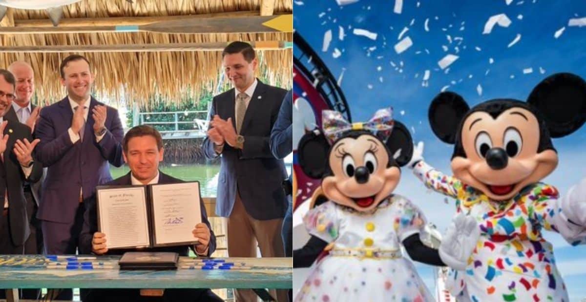 Ron DeSantis signing Landmark Legislation (left)/ Mickey and Minnie onboard the Disney Cruise Line (right)