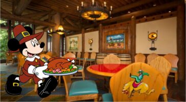 Mickey carrying a turkey in a restaurant