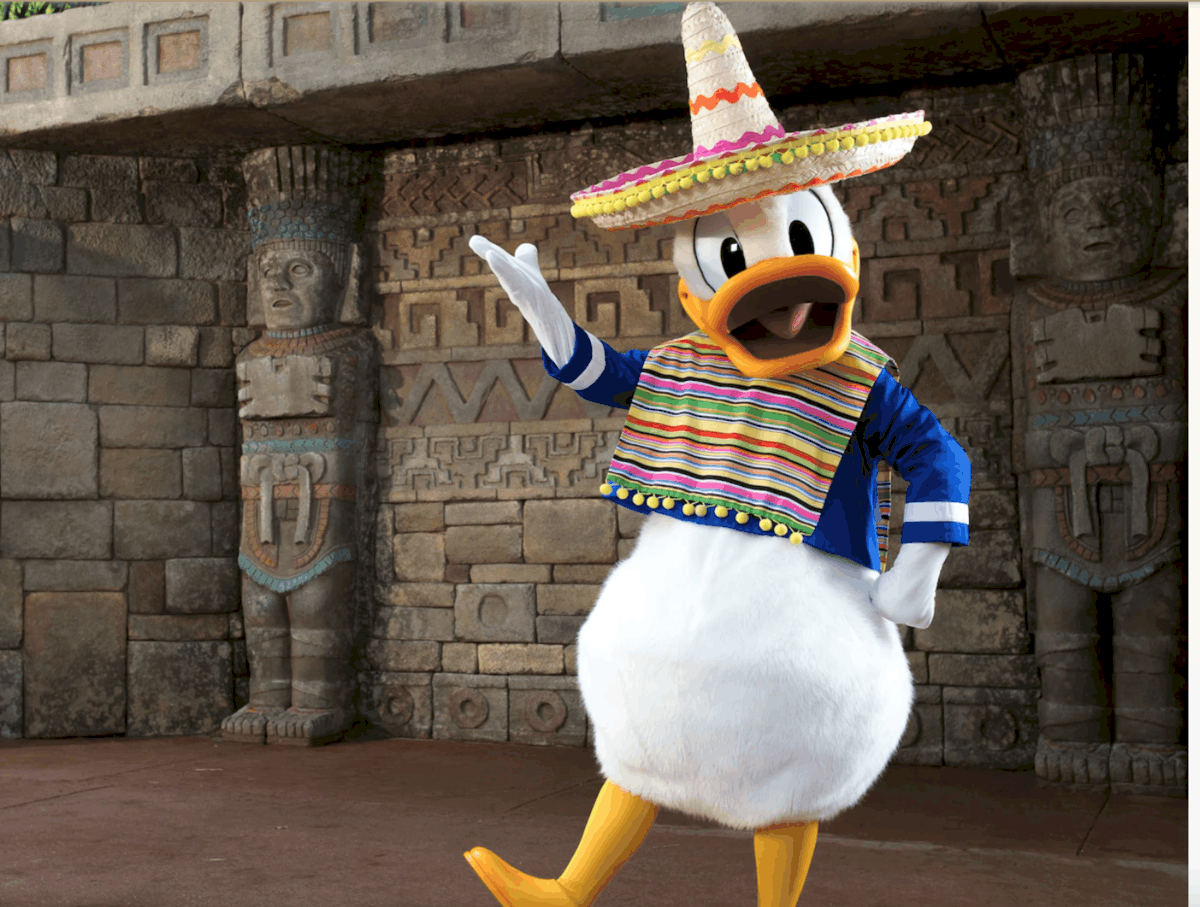 Donald duck Disney character performer in the EPCOT Mexico Pavilion