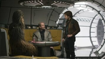 (l-r) chewbacca, tobias beckett, and han solo in millennium falcon