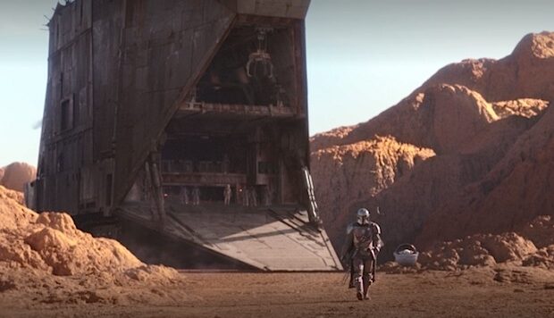 the mandalorian episode 2 grogu and din djarin with sandcrawler