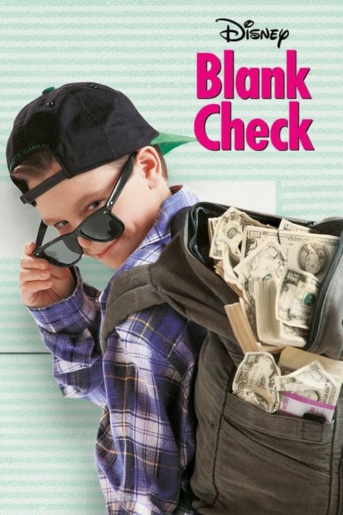 The star of “Blank Check,” sporting sunglasses and a hat, appears with a cash-filled backpack beside the film’s logo, channeling the playful Halloween vibe at Universal Studios.