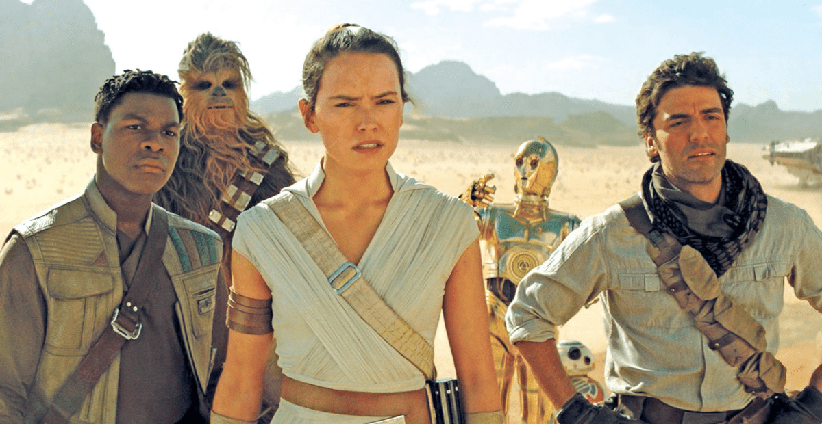 John Boyega as Finn (left), Daisy Ridley as Rey (middle), and Oscar Isaac as Poe Dameron (right)