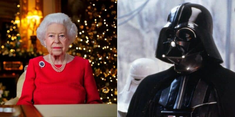 queen elizabeth (left) at christmas at darth vader (right)