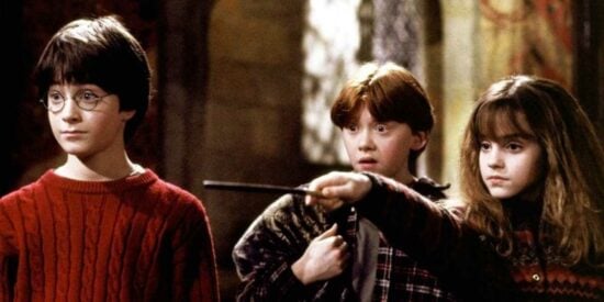 Harry, Ron, Hermione casting "petrificus totalus" on Neville in Harry Potter and the Sorcerer's Stone