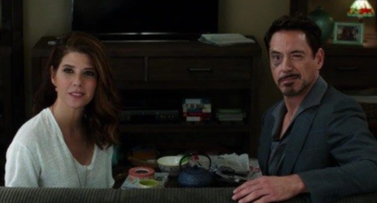 marisa tomei as aunt may (left) and robert downey jr as tony stark (right)