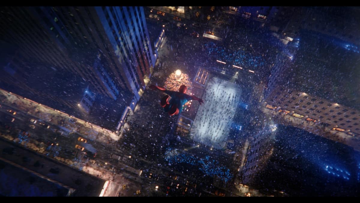 Spider-Man falling towards the Rockefeller Center