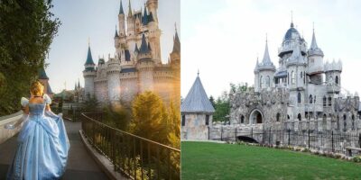 A person standing in front of a castle