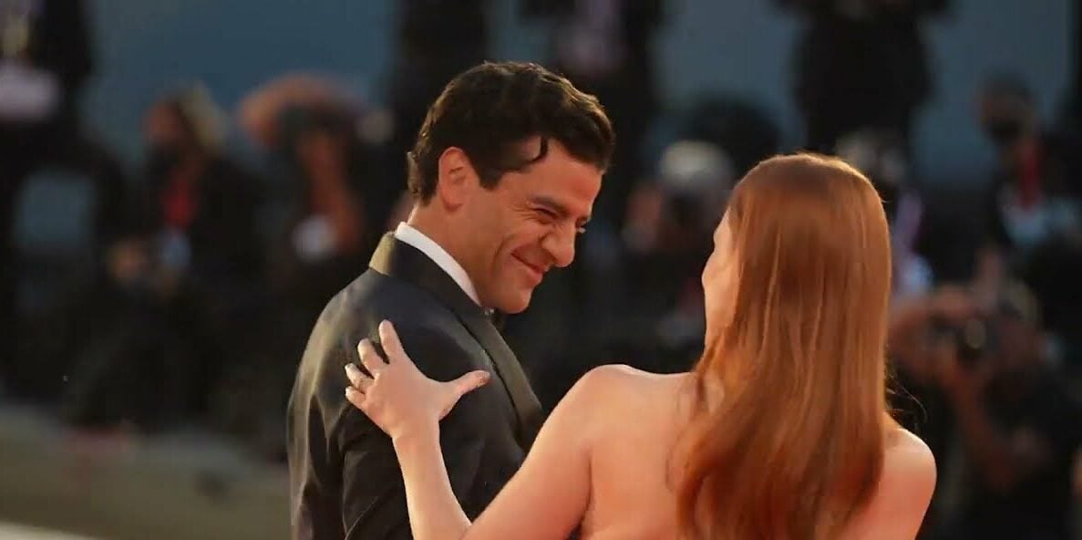 oscar isaac (left) and jessica chastain (right) red carpet
