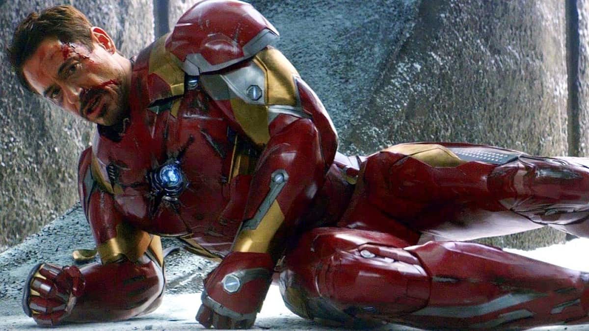 Tony Stark/Iron Man lying on the ground in Civil War after fighting Captain America/Steve Rogers (Chris Evans)
