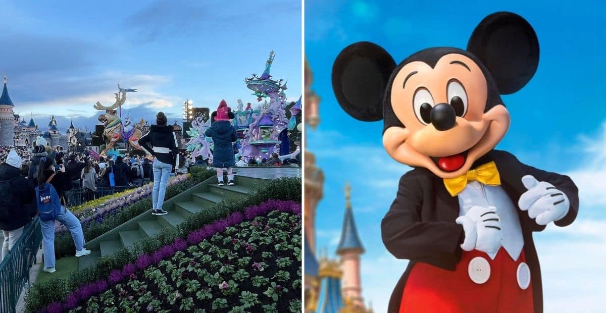 Guests at Disneyland Paris (L) Mickey Mouse (R)