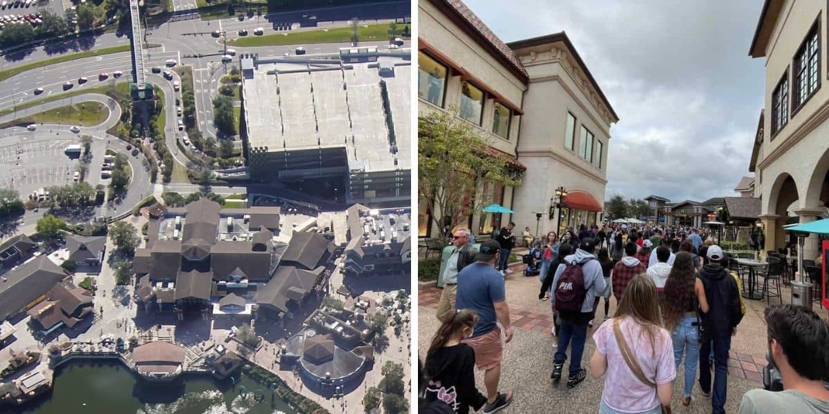 disney springs aerial (left) crowds at disney (right)