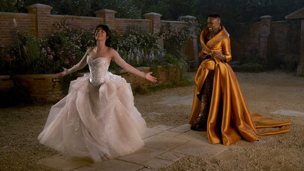(Left) Camilla Cabello as Cinderella and (Right) Billy Porter as Fab G/Fairy Godmother on Amazon's Cinderella Remake
