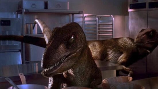 Raptors in the kitchen in Jurassic Park