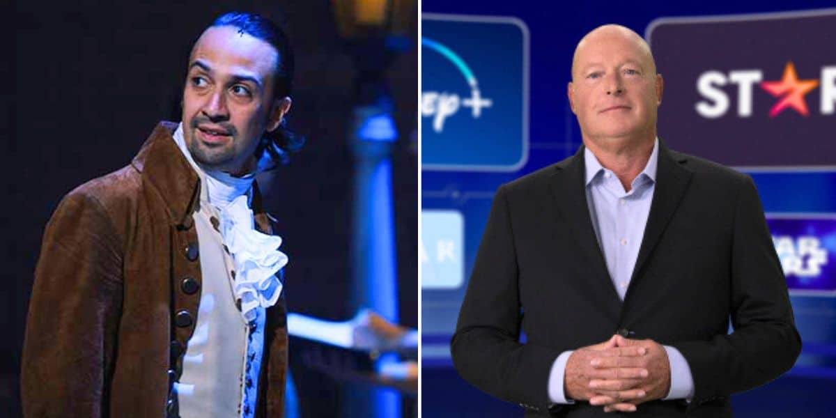 A split image showing a man in 18th-century costume on the left, and a man in a suit standing in front of streaming service logos—like stepping from the past to an era of digital hits such as Encanto Attraction.