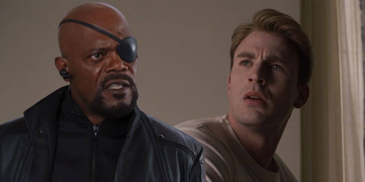 (L-R) Samuel L. Jackson as SHIELD Director Nick Fury and Chris Evans as Steve Rogers AKA Captain America