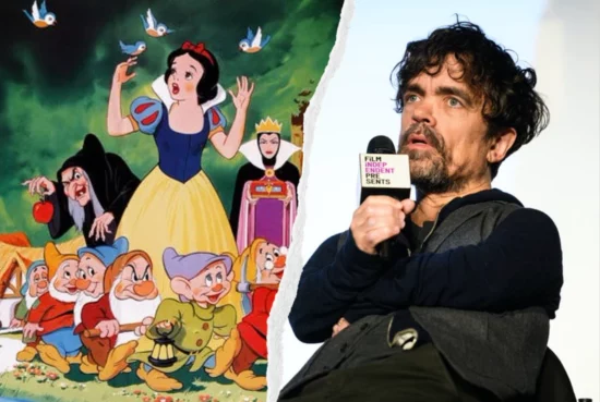 Cancel culture reference with Peter Dinklage right and Snow White to the left with the seven dwarfs and evil queen