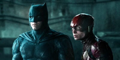 Ezra Miller as the Flash (right) Ben Affleck as Batman (left))