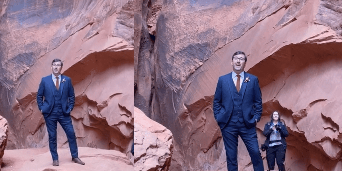 Groom at a cavern on his wedding day