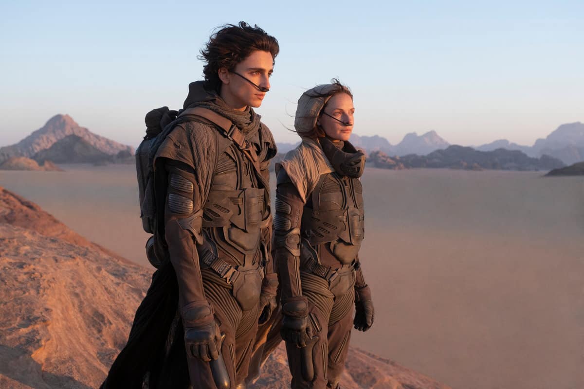 Timothée Chalamet as Paul Atreides (left) and Rebecca Ferguson as Lady Jessica (right)