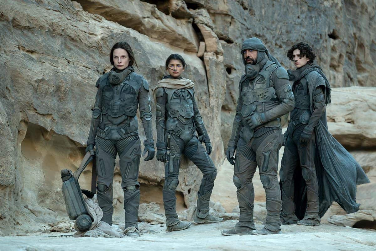 Rebecca Ferguson as Lady Jessiva (far left), Zendaya as Chani (left), Javier Bardem as Stilgar (middle right), and Timothée Chalamet as Paul Atreides (far right)