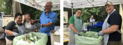 Cast members sorting items during a waste composition study