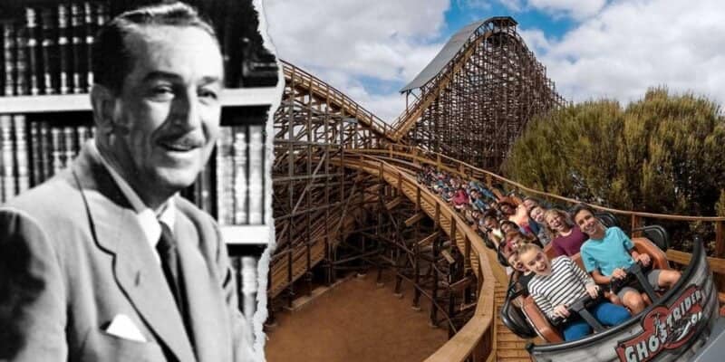 A collage featuring a joyful family on a roller coaster ride with a hidden queue on the right, and a black-and-white portrait of a Walt Disney on the left.