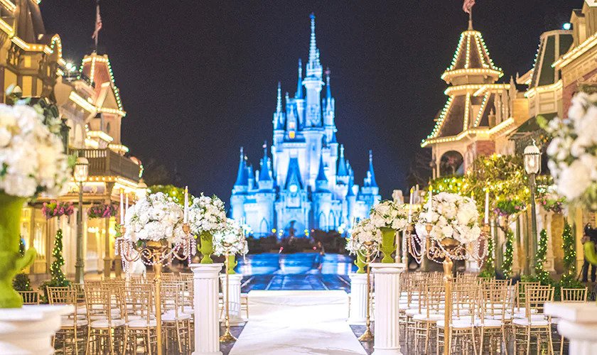 disney world cinderella castle wedding aisle evening
