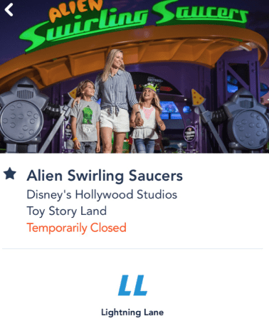 A screenshot of the Walt Disney World app showing that Alien Swirling Saucers is Temporarily Closed.