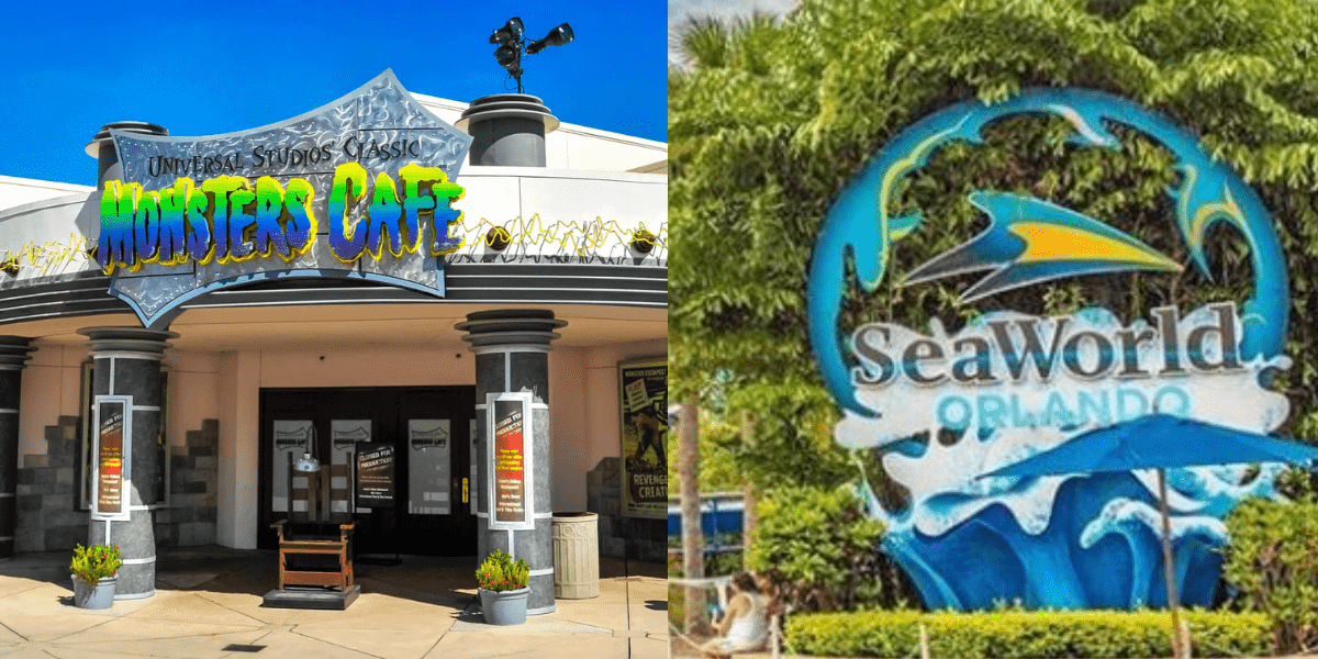 Universal's Monsters Cafe next to the SeaWorld orlando sign