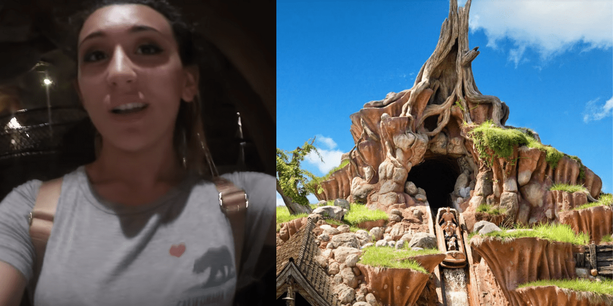 Mackenzie Marie walking out of Splash Mountain next to a photo of the exterior of Splash Mountain.