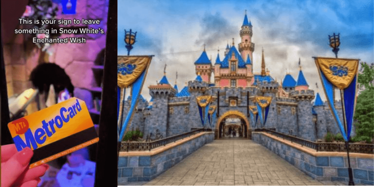 A screenshot of a TikTok showing a Guest throwing a Metrocard into Snow White's Enchanted Wish at Disneyland, overtop a photo of the Disneyland castle.