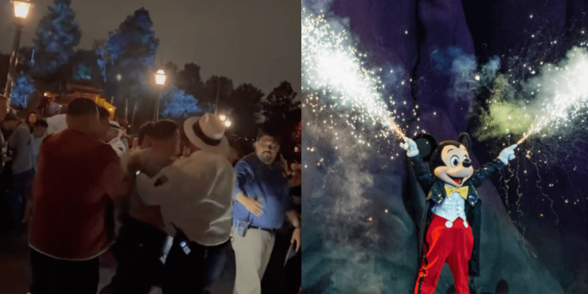 Left: Disney security tries to separate a fight at nighttime. Right: Mickey shoots fireworks out of his gloves during Fantasmic!.