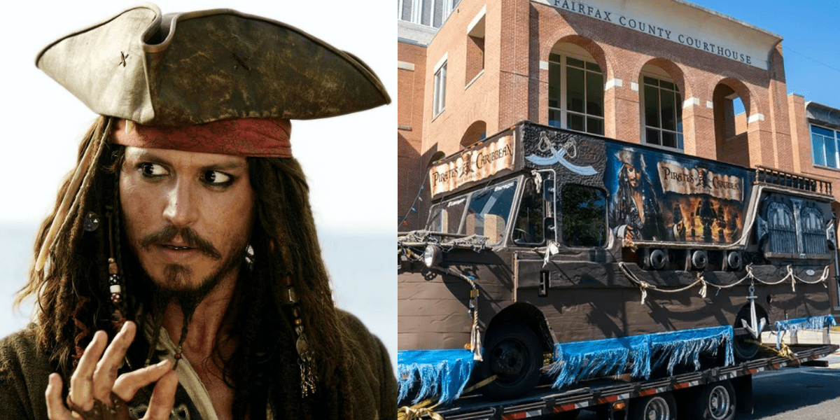 A photo of Jack Sparrow in Pirates of the Caribbean next to a photo of a pirate ship outside the Fairfax County Courthouse.