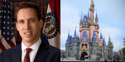 Senator Josh Hawley next to the Walt Disney World castle