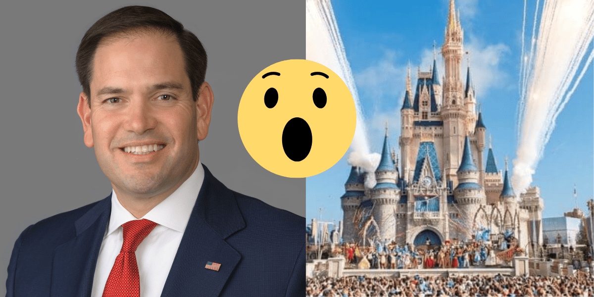 marco rubio and the walt disney world castle with a shocked emoji