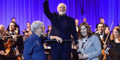 George Lucas (left), John Williams (middle), and Kathleen Kennedy (right)
