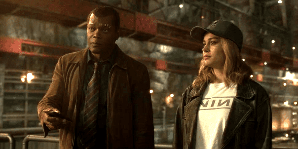Samuel L. Jackson as Nick Fury (left) and Brie Larson as Captain Marvel (right)