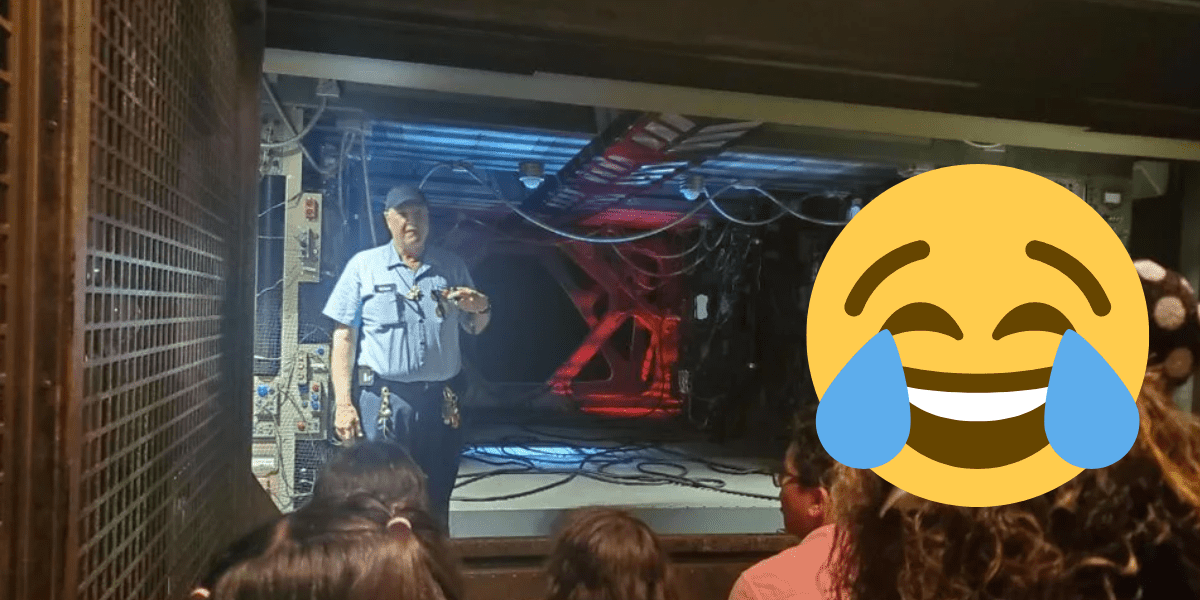 Maintenance Cast Member stands inside Guardians of the Galaxy: Mission Breakout talking to Guests. A laugh-crying emoji is overlaying the photo.